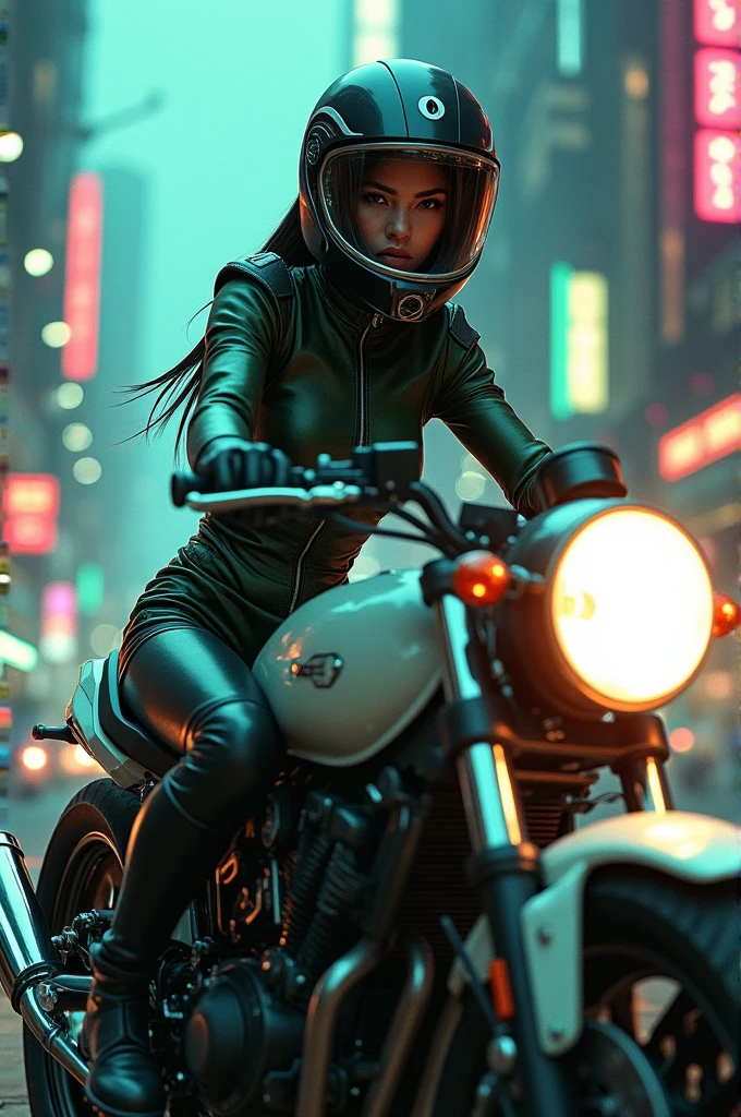 Maximum image quality, outstanding details, ultra high resolution, (Realism: 1.4), the best illustration, favor details, 1 very condensed girl, with a delicate and beautiful face, dressed in a black and green wick, wearing a mecha helmet, holding a directional controller, ride a motorcycle, the background is a high-tech lighting scene of the city of the future.