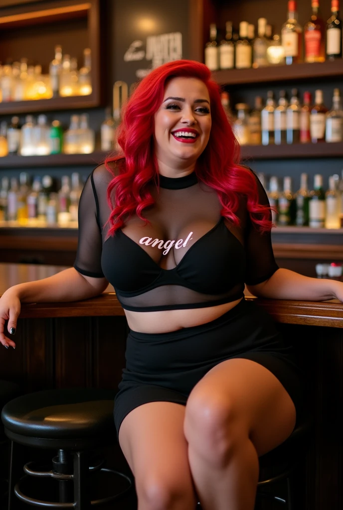 A lively scene in a bar with a woman sitting on bar stool  The woman has striking red hair styled in loose waves, wearing a black sheer crop top with the word "angel" written across the chest black bra visible and a black mini skirt. She has a playful and confident expression on her face, with bright red lipstick and bold eye makeup. Her pose is relaxed yet animated, she is plus sized not chubby, wearing red suade heels, her legs are together, red panty showing slightly. The scene captures her mid-laugh, her smile wide and eyes sparkling with amusement, as if she's sharing a joke with a customer. The bar environment is warm and inviting, with dim lighting that highlights the polished wooden bar counter and shelves lined with bottles in the background. The overall atmosphere is fun and social, with the woman as the cheerful and charismatic focal point of the scene. 