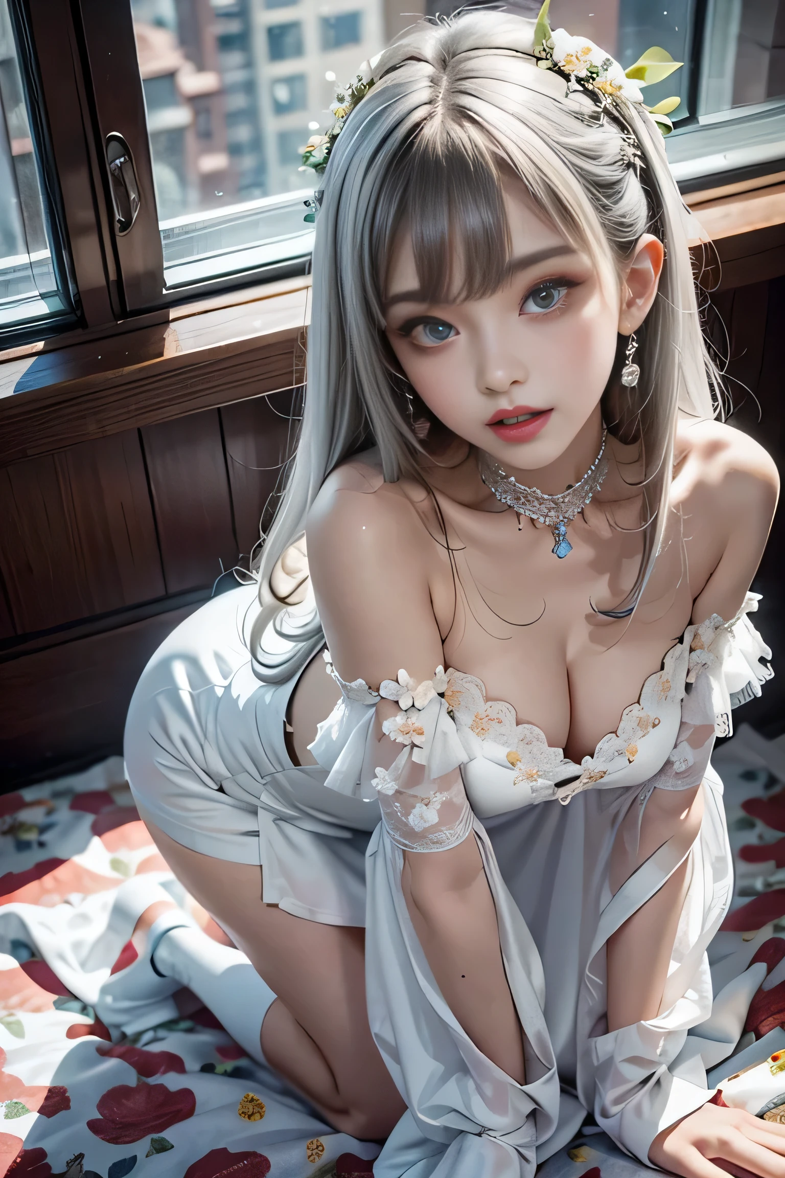 ((Girl getting on all fours in office)),(((posterior view)))、 Silver hair, Bangs, Blunt bangs, Long straight hair, aqua eyes, longeyelashes, Solid Circle Eyes, makeup, Open mouth, blush, Parted lips, Bright pupils, smiley, Seductive smile, glint, surrealism, Modern、Black pantyhose、high-heels、((Pure white dress、Floral dress、、off shoulders、up skirt: 1.6))、Skyscrapers are hazy in the windows、mix4、((Black lace panties))、((stick out buttocks))、Provocative、