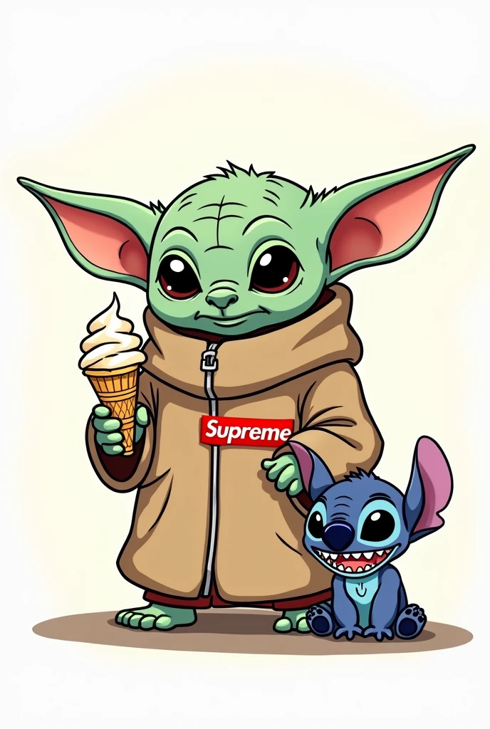 I want a drawing to print and color, make baby yoda dressed in supreme brand clothes and stich on the side saying goodbye with a suspicious smile and an ice cream in his hand