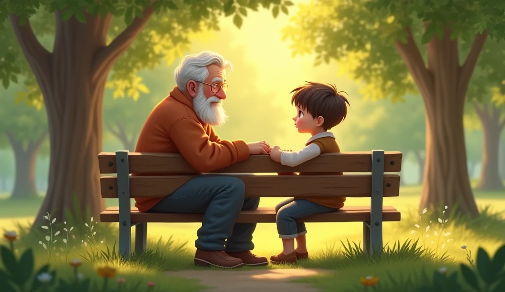 A grandfather and grandson sitting on a park bench, chatting. The grandfather has a wise expression and the grandson is attentive. The background is a green park. warm and soft colors, transmitting comfort.