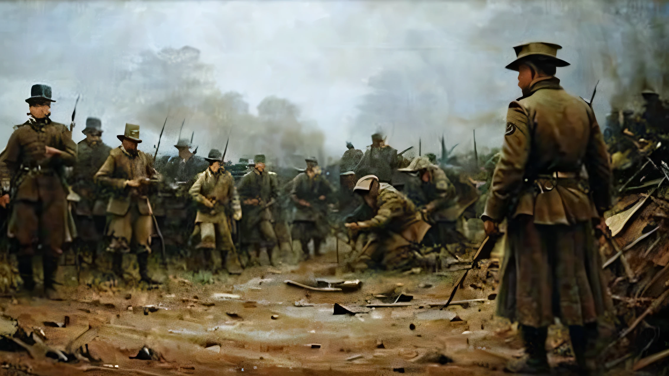 masterpiece, highly detailed, 1800s style war scene, men in trenches, open field, dynamic composition, gritty realism, realistic textures, intense atmosphere, dramatic lighting, muted color palette, depth of field, volumetric fog, dust particles, shell casings, barbed wire, military equipment, determined expressions, strained poses, realistic human anatomy, chiaroscuro lighting, cinematic framing, strong shadows, highlights on faces, sense of urgency, immersive environment, detailed environment, historical accuracy