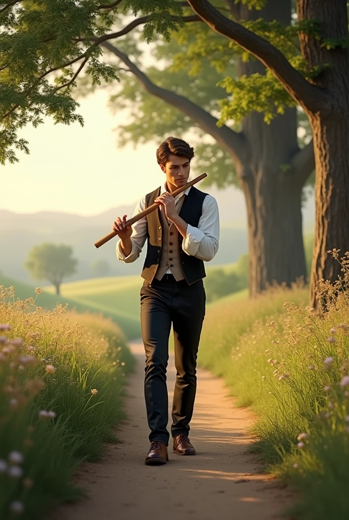 moments approach an attractive man playing a flute on a country road in the year 1800