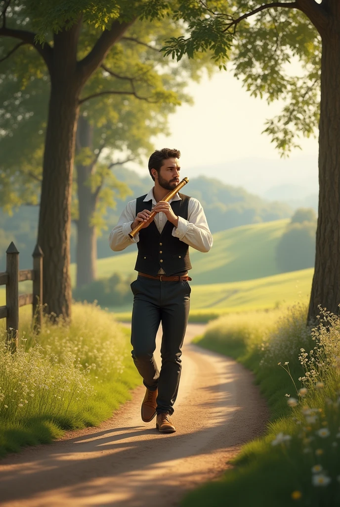 moments approach an attractive man playing a flute on a country road in the year 1800
