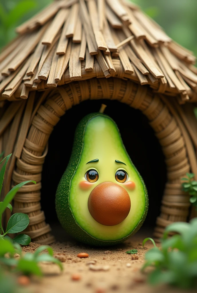 avocado with a face that lives in a straw hut