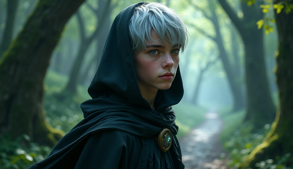 a ager half-elf boy with silver short hair and purple eyes, silvan ehalf-elf, A boy wearing a black cloak, forest, The One Ring
