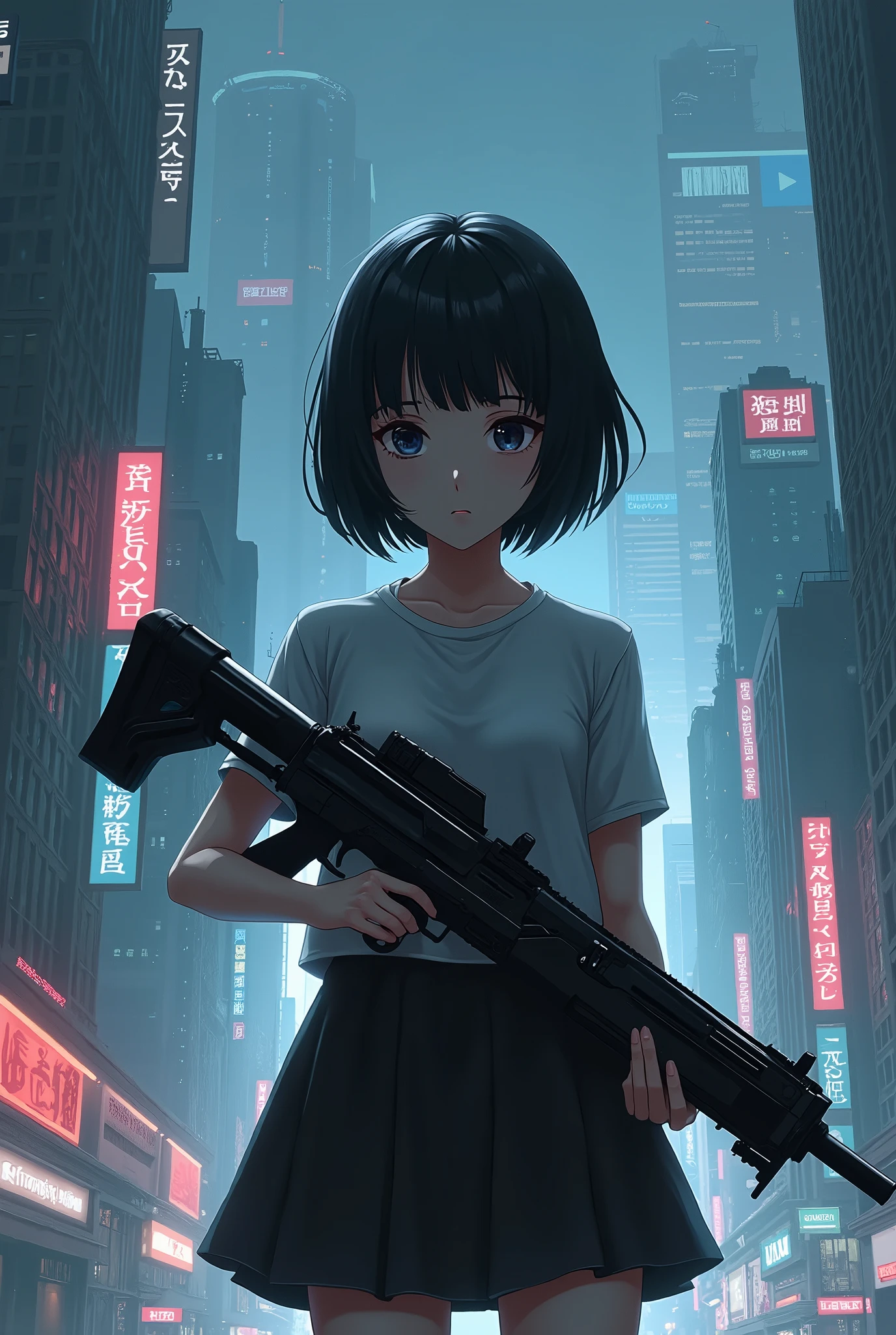 Depressed girl、Japanese、Black Hair、Bobcut、Holding a beam rifle from a robot anime、Future City、Real、Finish like a photo