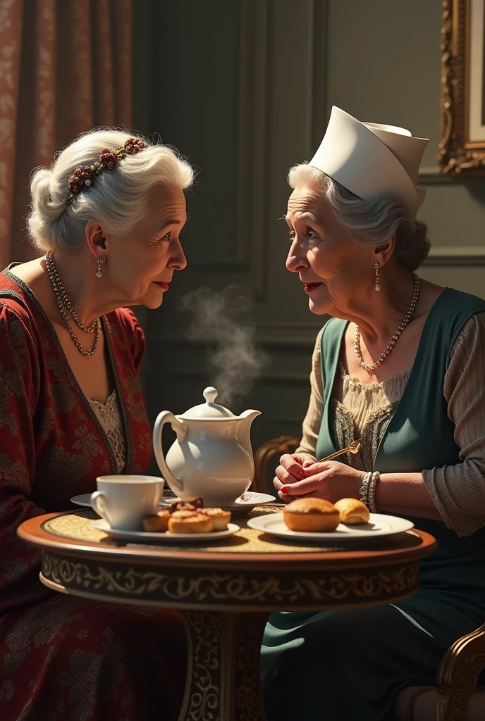 An image of a rich elderly woman talking to her humble elderly maid, the two are sitting at an afternoon coffee table