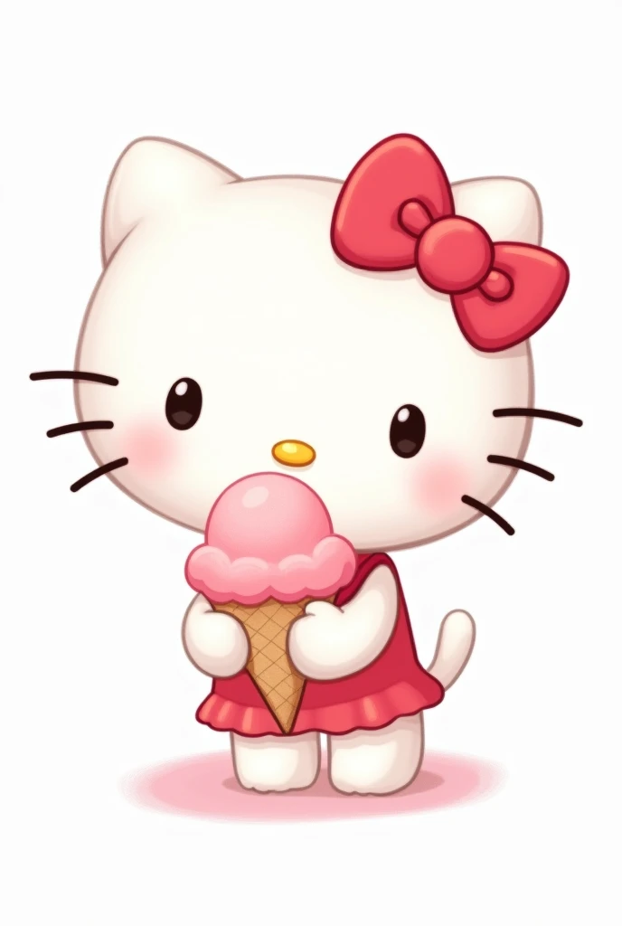 Classic Hello Kitty eating ice cream , White background, with a classic 2D pink ice cream without shadows