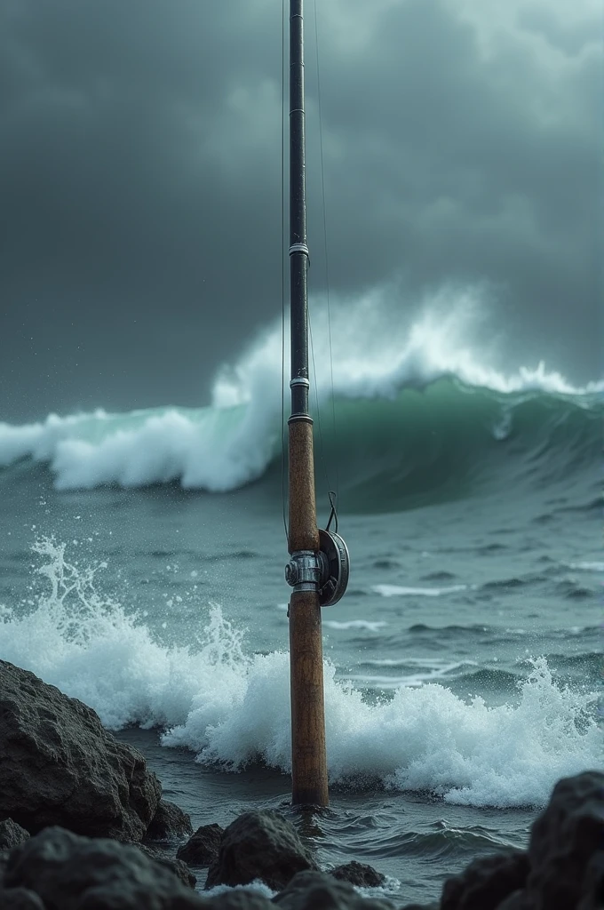 Fishing rod and a turbulent sea in the background