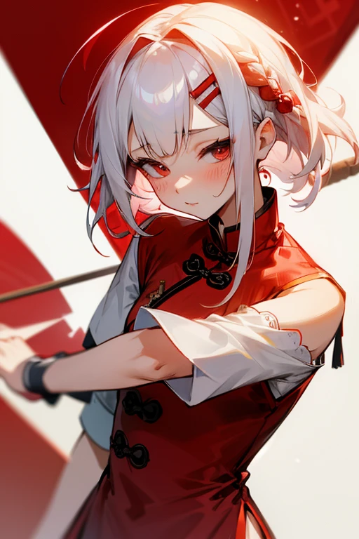 Short white hair, blush, (Chinese Dress)、Punk Fashion、Headbang 2.、White and red clothes、Braiding、2 hair clips、