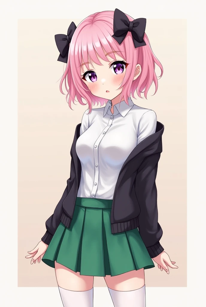 Make an image with these characteristics: Nino nakano anime girl with short wavy shoulder length hair with two black bows, one on each side,pink and bangs, white complexion purple eyes fading to blue, beautiful eyelashes thin face, slim build but with big bust and big butt, with a white button-down collar shirt, a black sweater in sima, white stockings that reach mid-thigh, green pleated mini skirt, black medium heels