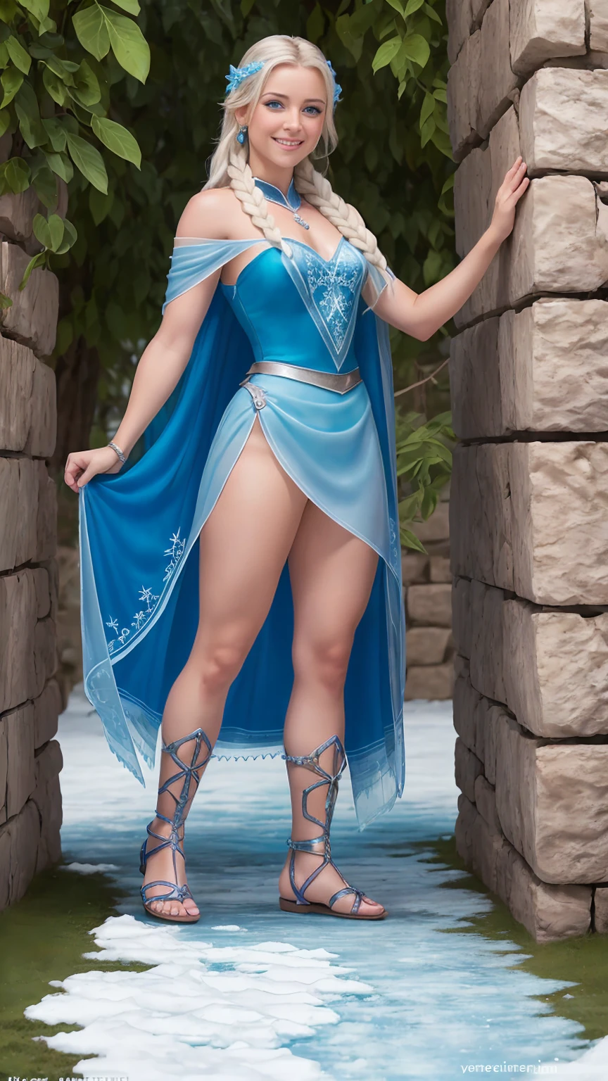 ((Full body photo, standing, feet on the ground))A seductive Yara Flor, with icy blue eyes and a mischievous smile, beckons you into his frozen kingdom, gladiator sandals above the knees.
