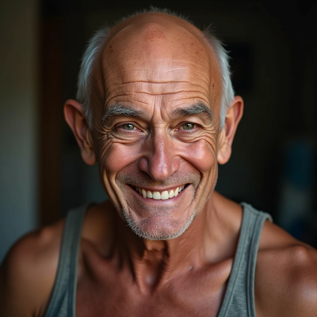 いやらしい笑みを浮かべる爺さん(タンクトップ、顔のアップ): "A hyper-realistic close-up of an elderly man with a bald head, wearing a tight tank top. His face is front and center, with a sly, mischievous grin that gives off a slightly inappropriate vibe. His eyes are narrowed, and his expression is playfully suggestive. The background is softly blurred, keeping the focus on his cheeky and somewhat naughty expression."