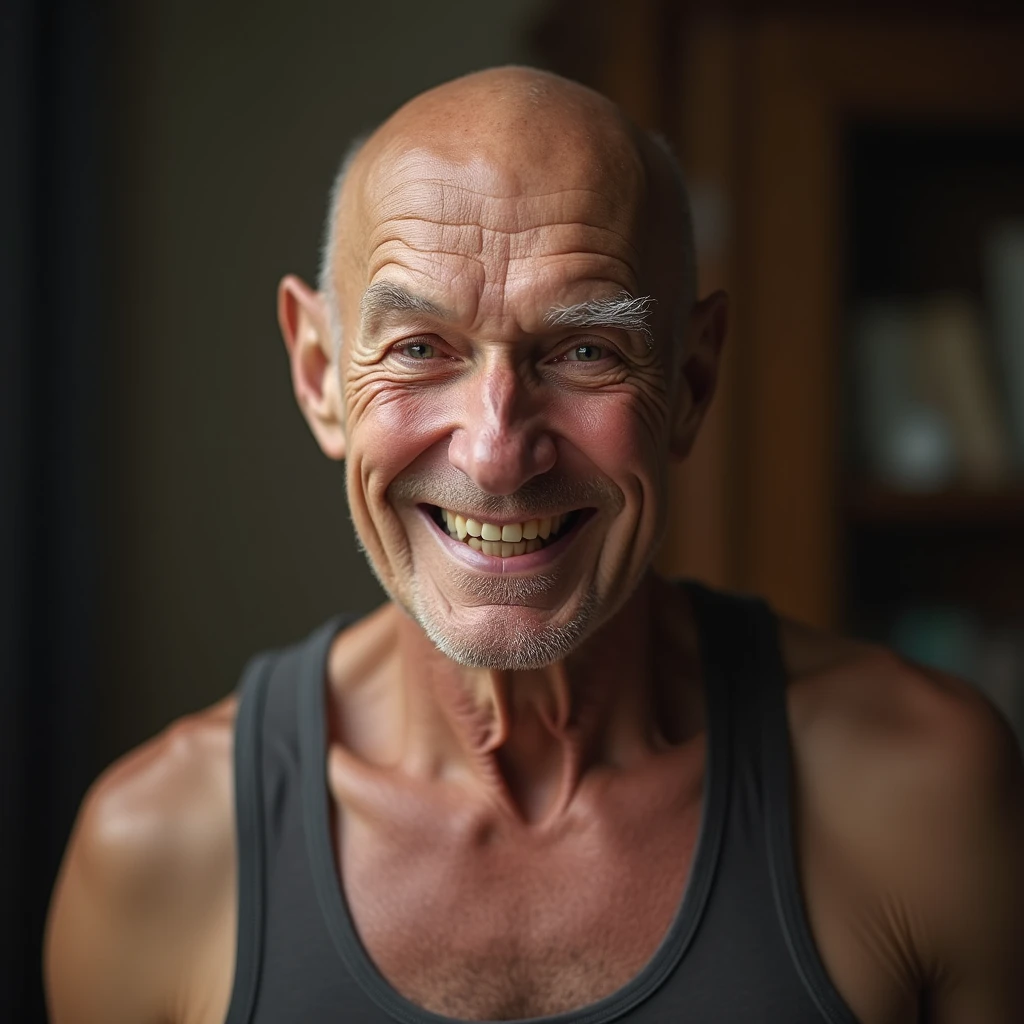 いやらしい笑みを浮かべる爺さん(タンクトップ、顔のアップ): "A hyper-realistic close-up of an elderly man with a bald head, wearing a tight tank top. His face is front and center, with a sly, mischievous grin that gives off a slightly inappropriate vibe. His eyes are narrowed, and his expression is playfully suggestive. The background is softly blurred, keeping the focus on his cheeky and somewhat naughty expression."
