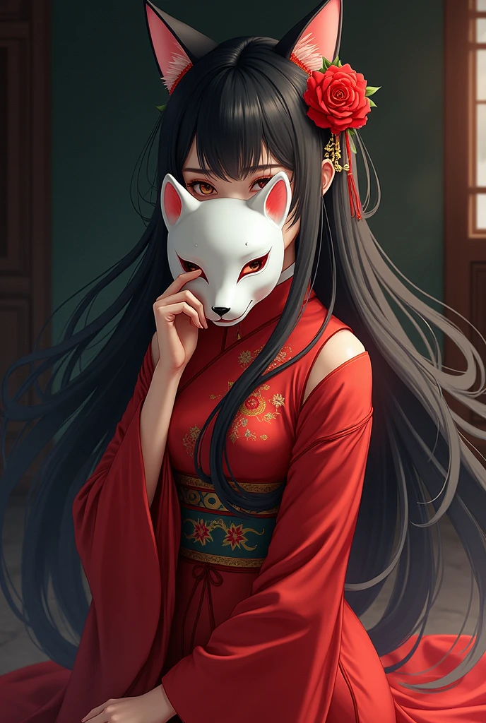 Anime chinese girl with long black hair with a rose in her hair wearing a red oriental dress holding a kitsune mask in front of her face with her right hand mask covering half of her face with a mysterious dark background