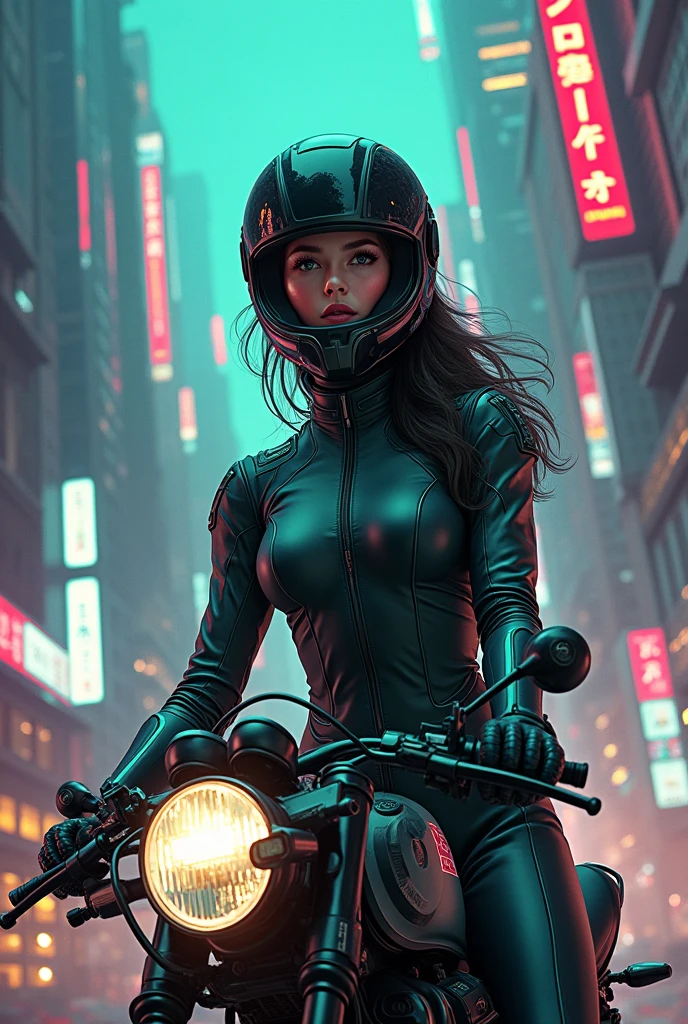 Maximum image quality, outstanding details, ultra high resolution, (Realism: 1.4), the best illustration, favor details, 1 very condensed girl, with a delicate and beautiful face, dressed in a black and green wick, wearing a mecha helmet, holding a directional controller, ride a motorcycle, the background is a high-tech lighting scene of the city of the future.