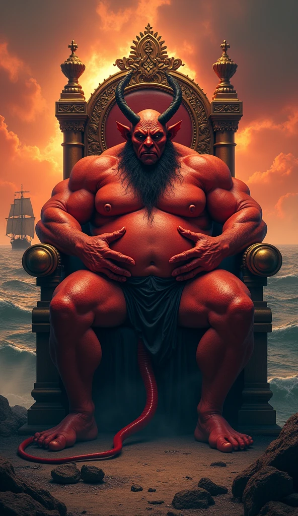 satan on his ruling throne, red skin,, chubby, hairy,, high resolution, ultra-detailed, sharp focus, intricate details, detailed eyes, symmetrical eyes, expressive eyes, clear pupils, vibrant eyes, focused gaze, legs wide open ,left hand is holding the belly, king's expression is intimidating with a sense of authority, solo, masterpiece, best quality, chubby, red skin, male, mature, manly, tail demoniac, nipples, photorealistic, 8k, (wide dynamic range, hdr:1.2) ocean, boat, sunset, sitting, (night:1.2), light, wide shot, looking at viewer, pose, penis, testicles, completely nude, full body, spread legs, shadow, very short hair, open mouth, smirk, leaning back, hell, very short fur, arm up, feet,