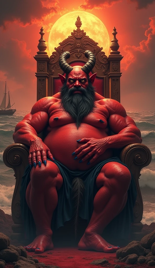satan on his ruling throne, red skin,, chubby, hairy,, high resolution, ultra-detailed, sharp focus, intricate details, detailed eyes, symmetrical eyes, expressive eyes, clear pupils, vibrant eyes, focused gaze, legs wide open ,left hand is holding the belly, king's expression is intimidating with a sense of authority, solo, masterpiece, best quality, chubby, red skin, male, mature, manly, tail demoniac, nipples, photorealistic, 8k, (wide dynamic range, hdr:1.2) ocean, boat, sunset, sitting, (night:1.2), light, wide shot, looking at viewer, pose, penis, testicles, completely nude, full body, spread legs, shadow, very short hair, open mouth, smirk, leaning back, hell, very short fur, arm up, feet,