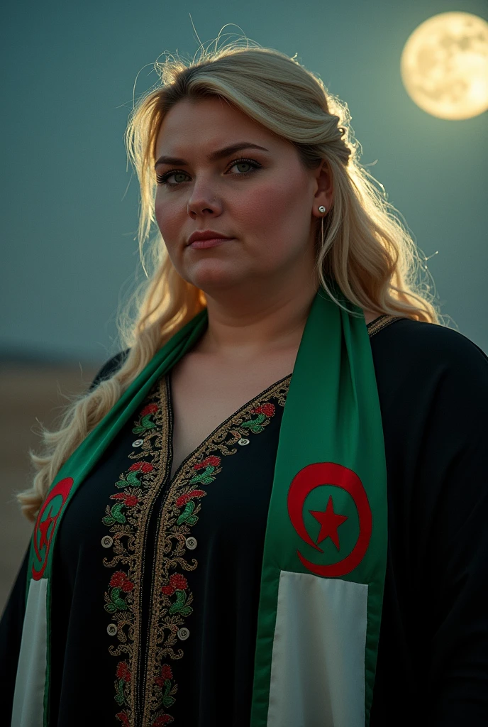 Close up, woman, blonde, plump, wearing a black caftan with a modern embroidered pattern, holding the Algerian flag around her neck in white and green, looking directly at the camera, she is standing in the moonlight 