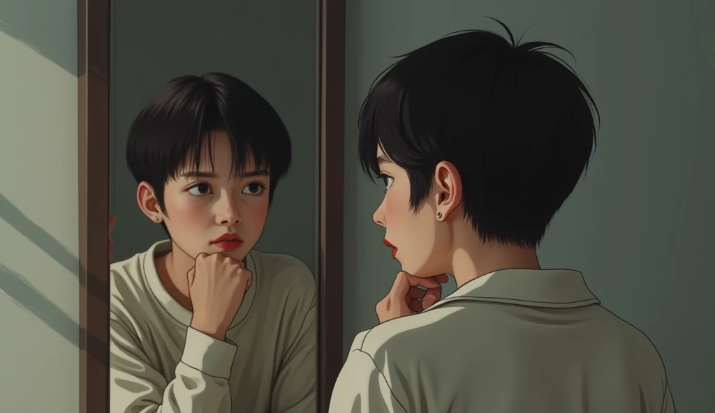 A person looking at their reflection in a mirror in a quiet environment. The reflection shows an image of humility and self-knowledge. The background is a minimalist room, with neutral tones. Emotions of introspection.