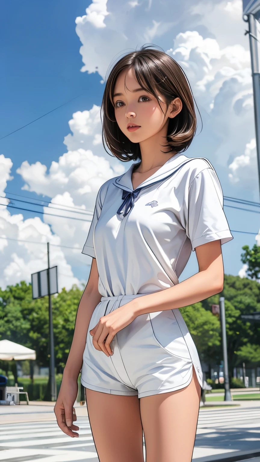 Girl standing on campus, Cumulus clouds floating in the summer sky, (White campus swimsuit:1.2), Navy Sailor Shirt, bag, , (Very slim:1.4), Thin thighs, knee, Brown eyes, Short hair tied low