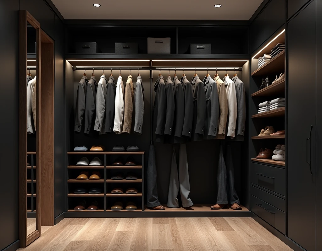 A modern apartment. Walk-in closet design. The closet is filled with man's outfits. There is a full-body mirror. Interior design. Modern black and wood interior. Great lighting. No man. No window. No hat.