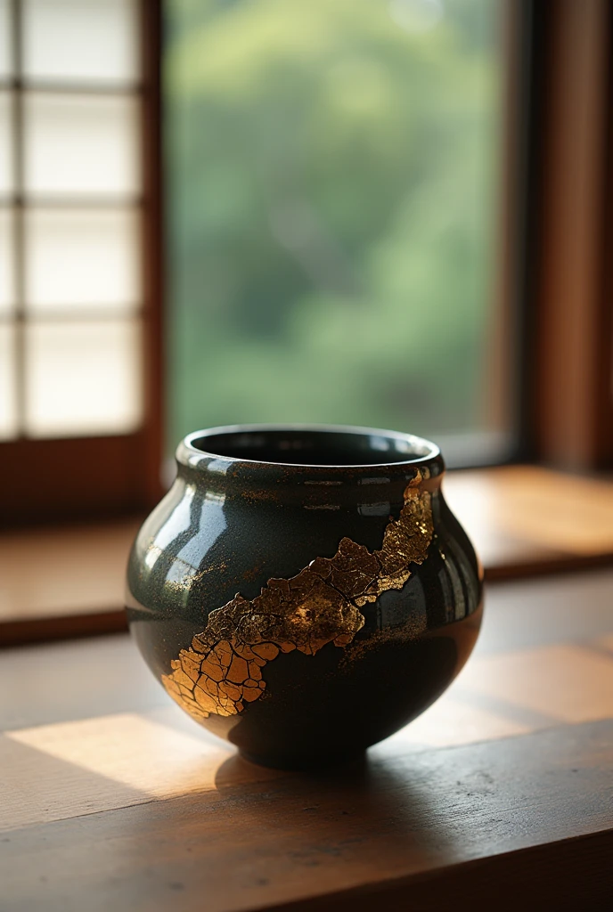 Kintsug、Cracked or chipped pottery is glued together with lacquer、A traditional Japanese repair technique using gold powder and gold leaf