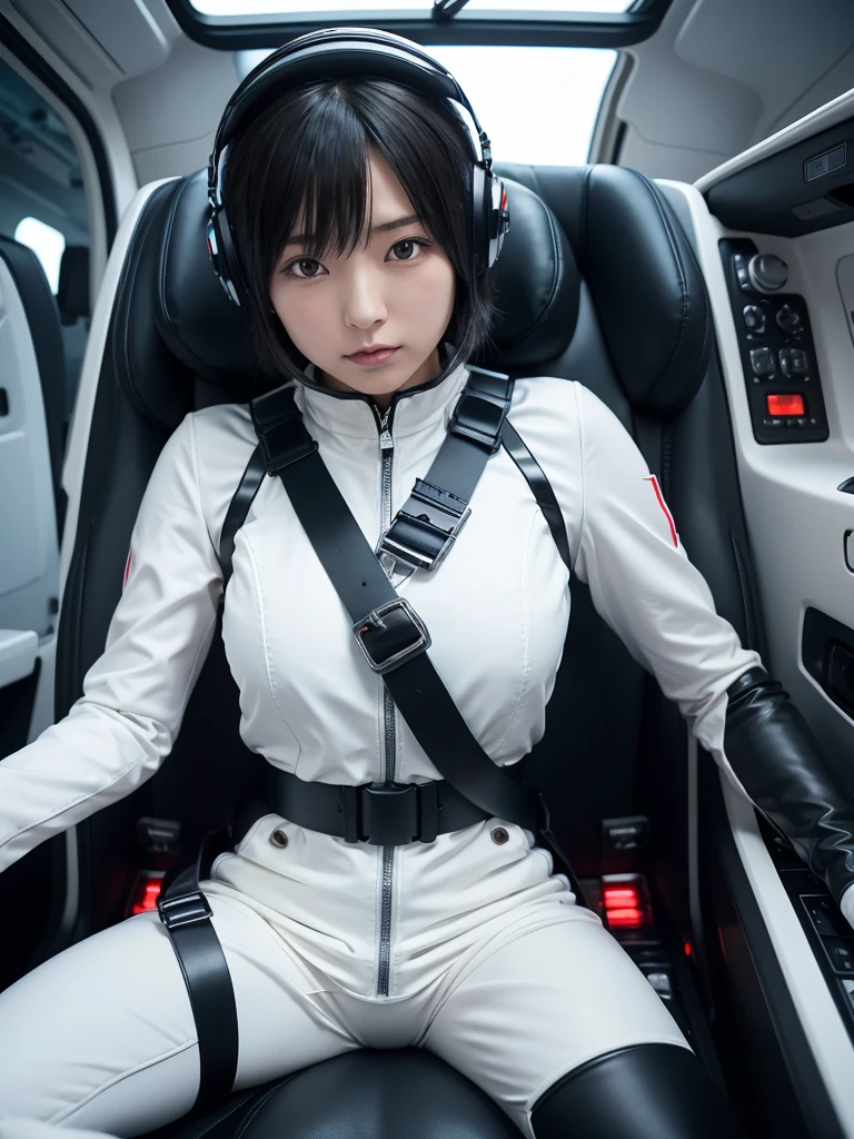 Japanese female android,Black Hair,Space capsule,The person is completely secured in the seat with the backrest reclined by a thick harness belt.,Plump,Spread your legs,Squat,Shiny white robot suit,Surrounded by switches and monitors,Helmet,