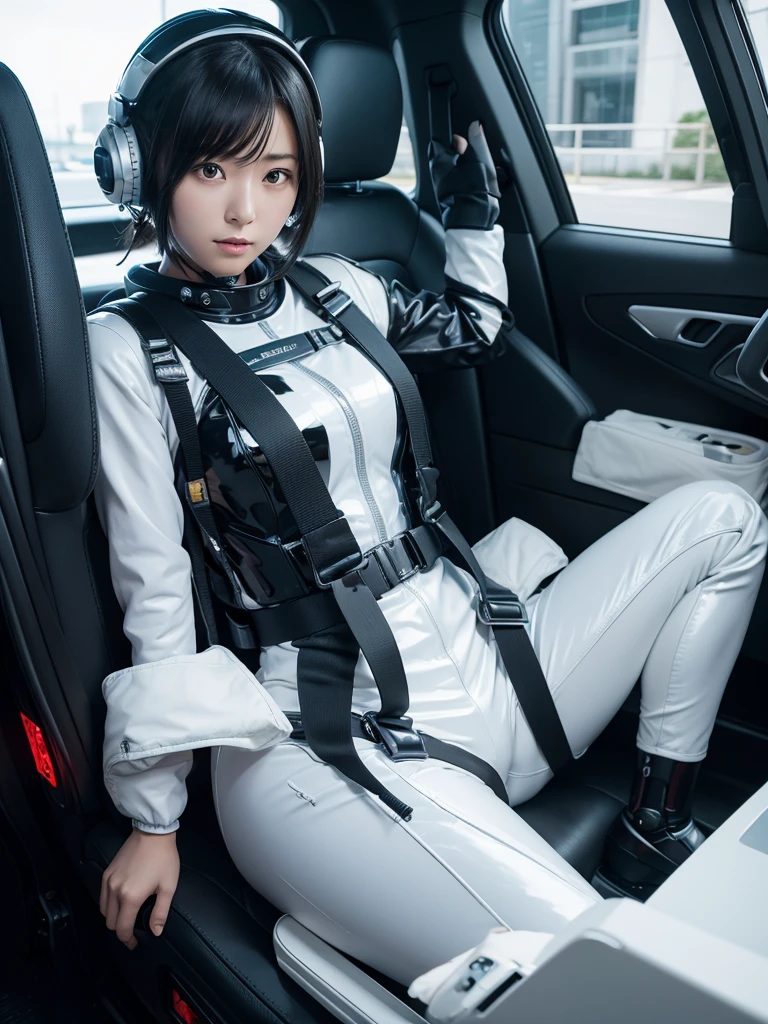 Japanese female android,Black Hair,Space capsule,The person is completely secured in the seat with the backrest reclined by a thick harness belt.,Plump,Spread your legs,Squat,Shiny white robot suit,Surrounded by switches and monitors,Helmet,