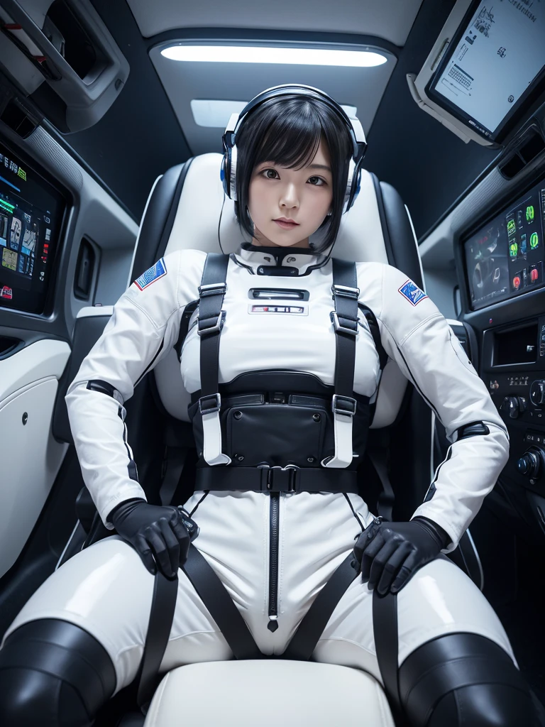 Japanese female android,Black Hair,Space capsule,The person is completely secured in the seat with the backrest reclined by a thick harness belt.,Plump,Spread your legs,Squat,Shiny white robot suit,Surrounded by switches and monitors,Helmet,