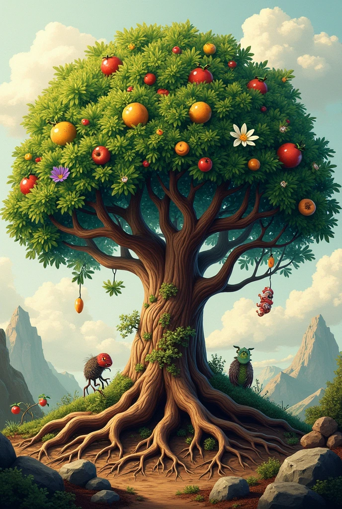 A tree of life for a self-building activity that includes roots, stem, leaves, fruits, parasites 