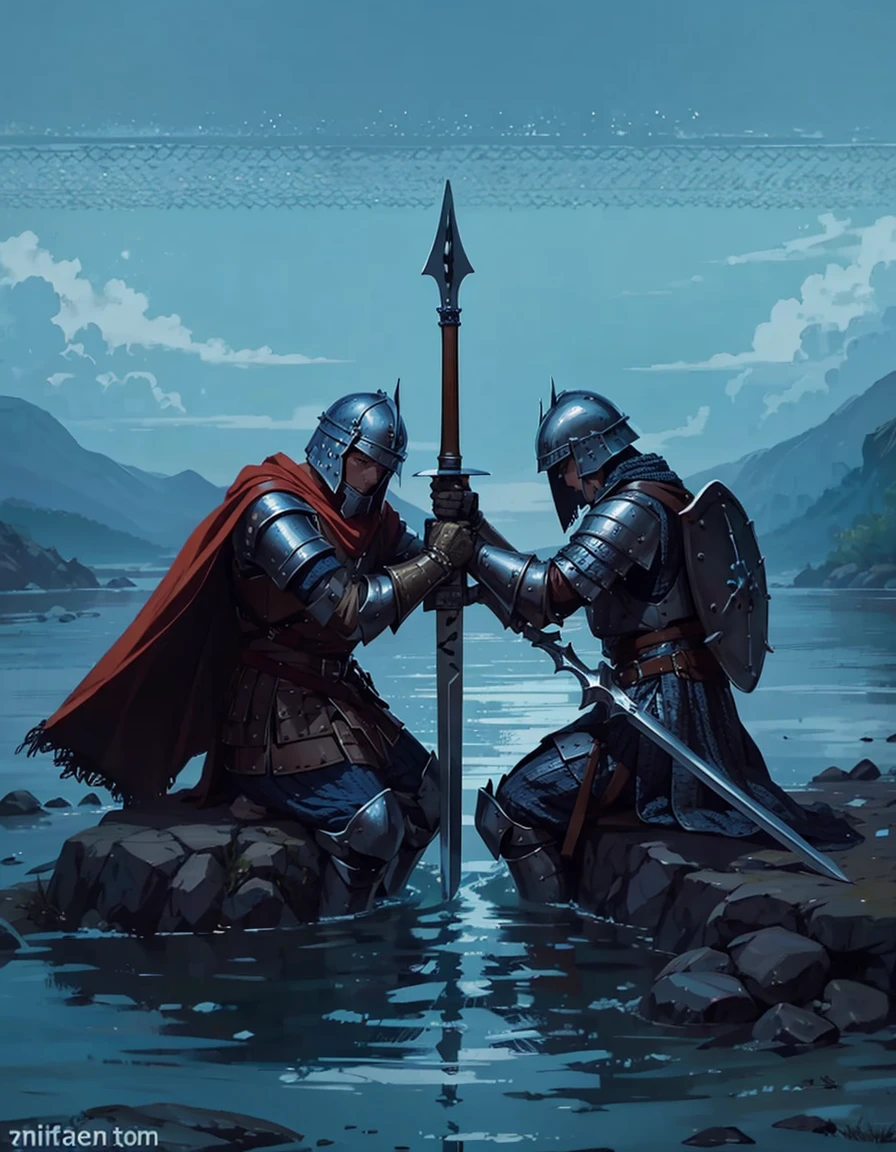 two medieval soldiers wearing chainmail armor ( soldiers of the time who used swords) ( there were no firearms), sitting in a stream with water up to their knees ( are seated), facing each other, ( are facing each other), their rusty metal armor