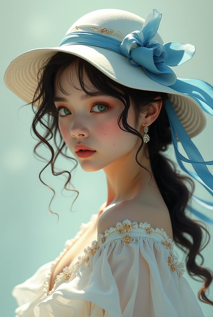 Black-haired woman with curly hair and green eyes, with freckles and a white hat with a blue ribbon, She has a long white dress with gold details in the shape of a One Piece drawing.