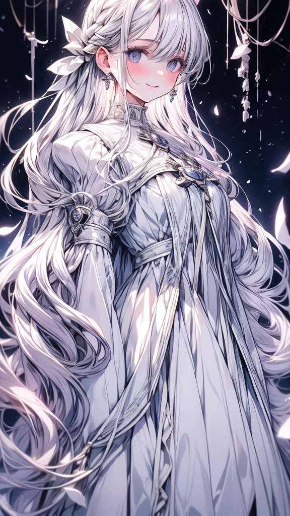 masterpiece, Excellent piece, day time, exterior, falling flowers, White dress, 1 girl, Perfect woman, Woman with long silver and white hair, gray blue eyes, pale pink lips, Cold, Serious, pop, purple eyes, White clothes, Lines of black clothing, delicate face, Exquisite Face, standing arch, Tassels, Knot of happiness, smile