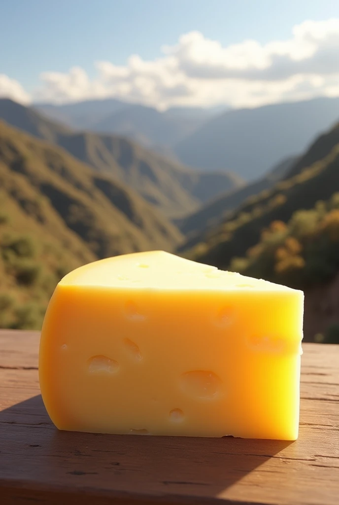Horizontal Triangular piece of Gouda cheese with a horizontal background of the landscape of Puno de Yaiviri