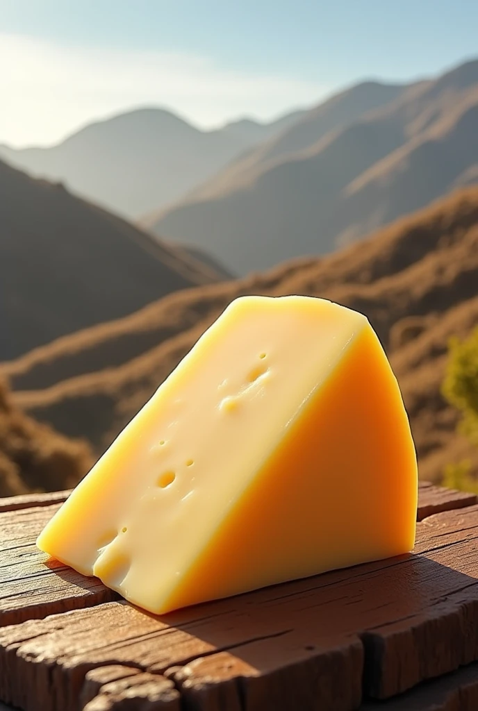 Horizontal Triangular piece of Gouda cheese with a horizontal background of the landscape of Puno de Yaiviri
