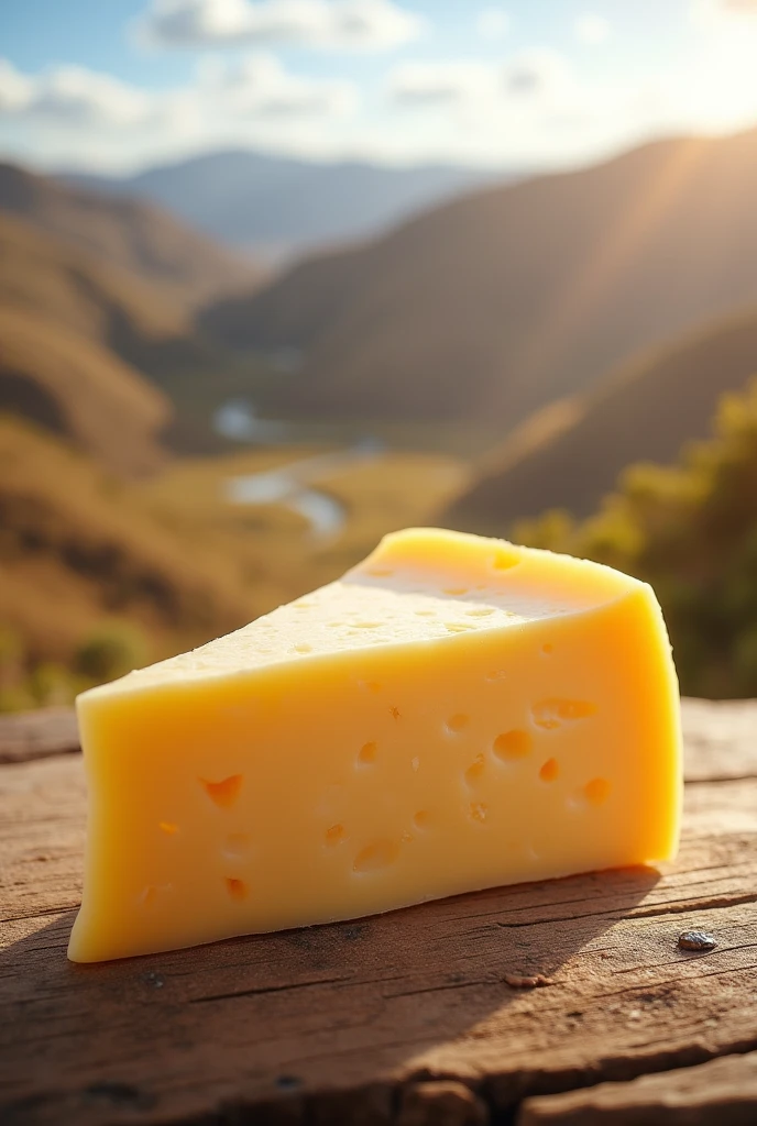 Horizontal Triangular piece of Gouda cheese with a horizontal background of the landscape of Puno de Yaiviri