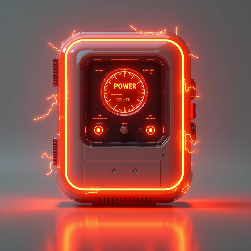 A machine electric meter，The machine emits orange-red light.，The shape is a cube，There are two technological light screens around the power distribution meter.，Add red electricity element，Need a fantasy sci-fi future style，The periphery of the screen is flashing orange-red light，More sci-fi，More dreamy，No cool colors，All want orange-red warm colors，Clean background，Don&#39;t have too much stuff