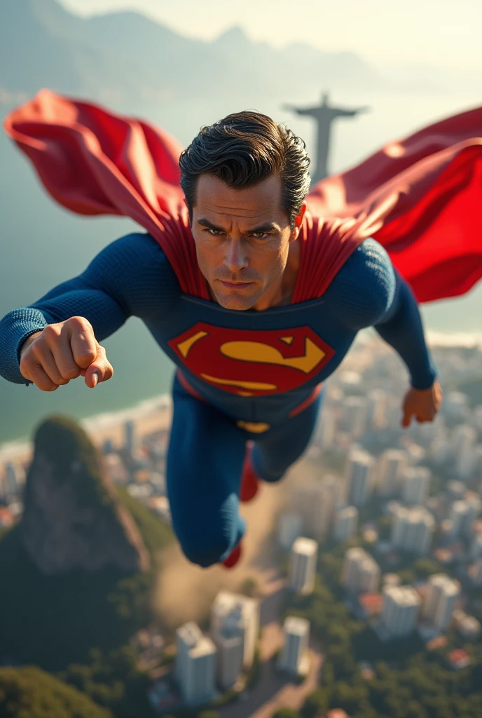 superman flying in the sky over the city of Rio de Janeiro, ultra detaild, ultra realistic, flying very fast, traces of fire, close-up, front view, ((you can see Christ the Redeemer in the background)), punch pose, dark blonde hair
