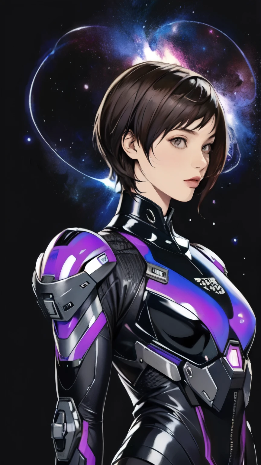 278 (20-year-old woman,Short Hair) , flower, Futuristic clothing, machinery suit, (The background is a galaxy and nebula)
