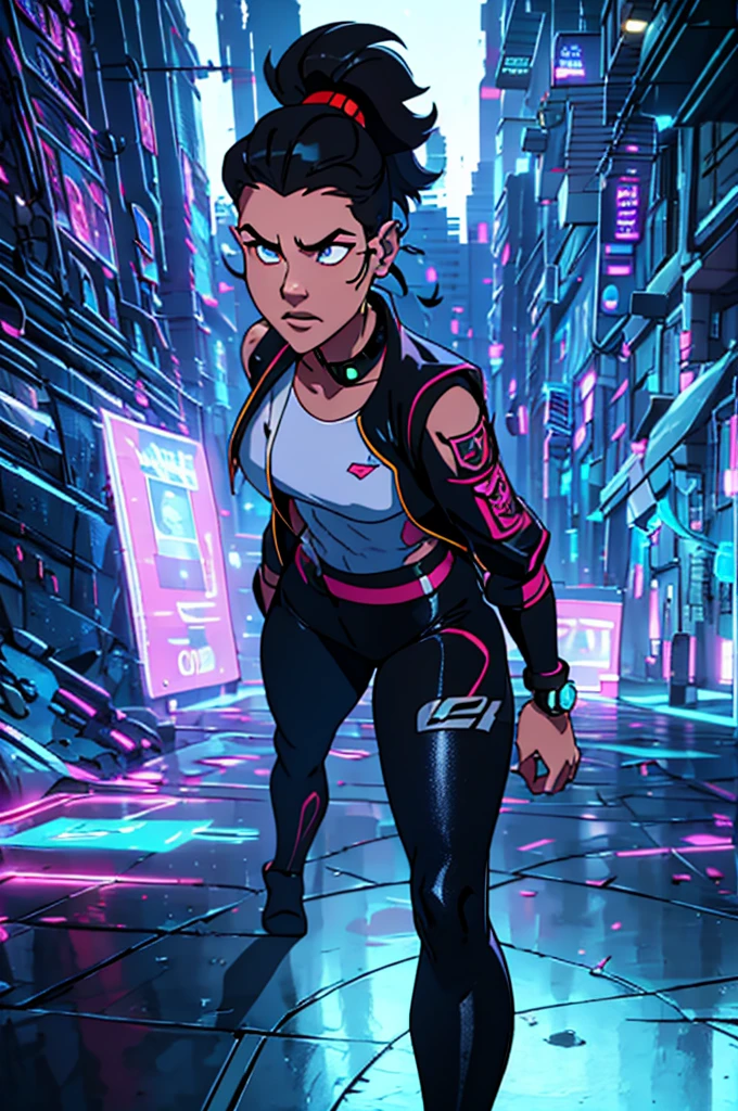 Prompt: A young man of about , a member of a high school gang in a cyberpunk world, stands against a neutral white background. He has messy black hair, slightly long on the sides, and bangs that fall over his forehead. He wears a modified school uniform: a black leather jacket with neon patterns that flicker slightly, a white T-shirt adorned with printed circuits, and fitted pants with reflective elements. His arms are adorned with leather bracelets and visible technological gadgets. He sports a gang pin on his jacket, as well as a discreet cybernetic implant on his neck, indicating his affiliation. His expression is both rebellious and determined, with a piercing gaze accentuated by colored contact lenses. In the background, futuristic graffiti motifs and blurred holograms evoke the urban, dystopian ambience of her surroundings.