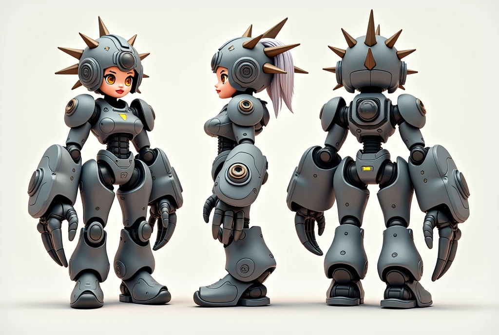 A female themed warbot, cute woman, mechanical face, back lit eyes, spike helmet hair, rugged design obvious metal slabs and big bolts, large crab claw ending right arm, (show her from head to toe, all 3 angles front, behind, and side, simple pose) character design and display page, photo realistic, hyper realistic