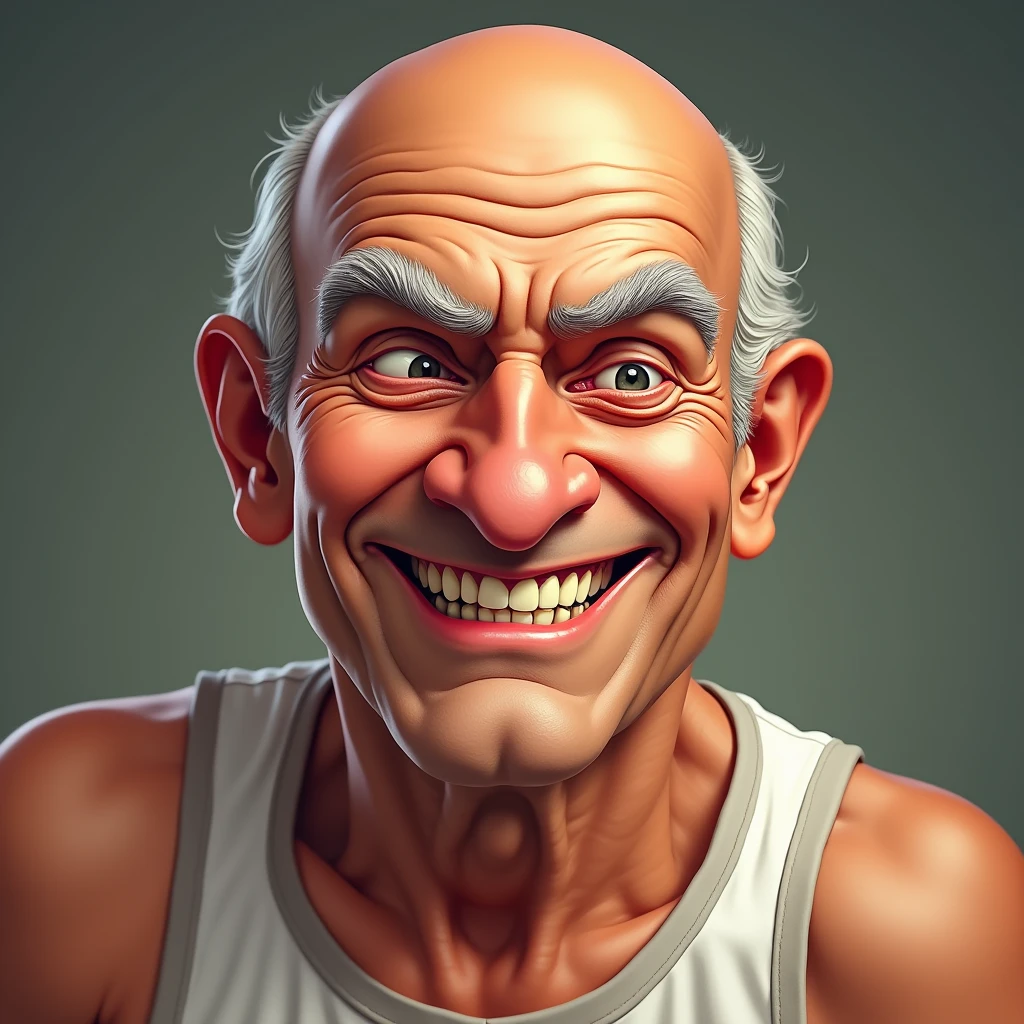 An old man winking and making a lewd expression（Tank top、Close-up of face）: "A highly detailed close-up illustration of an elderly man with a shiny bald head, dressed in a tank top, winking with a sly, flirtatious smile. His expression is playful yet suggestive, with a glint of mischief in his eye. The background is softly blurred, enhancing the focus on his teasing and somewhat cheeky demeanor."
