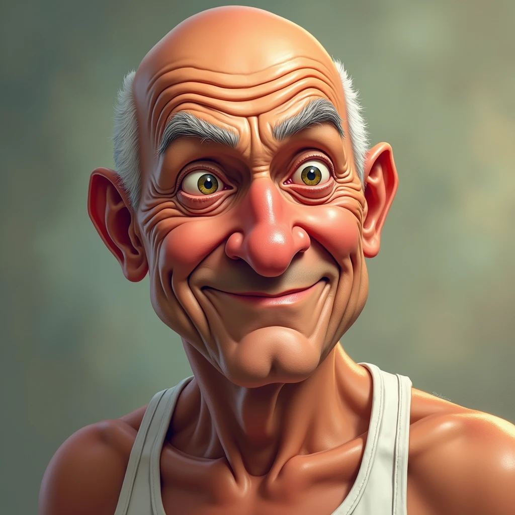 An old man winking and making a lewd expression(Tank top、Close-up of face): "A highly detailed close-up illustration of an elderly man with a shiny bald head, dressed in a tank top, winking with a sly, flirtatious smile. His expression is playful yet suggestive, with a glint of mischief in his eye. The background is softly blurred, enhancing the focus on his teasing and somewhat cheeky demer."