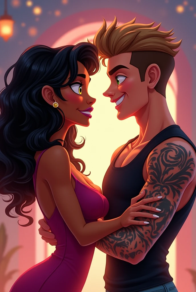 She has long curly hair, bright olive skin and striking, light yellow eyes., curvy body with wide hips and full lips dressed in a sheath dress.

He has short light brown hair, a sculpted jaw, a tattooed body and striking green eyes. He is so handsome that he looks like the actor who played Clark Kent but younger..

They are facing each other, she has her arms crossed and he has a mocking smile.. animated cartoon.