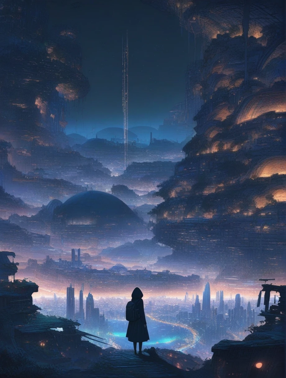 score_9, score_8_up, score_7_up, score_anime, masterpiece, best quality, delicate illustration, sharp line, sharp focus, BREAK,Traveler girl wandering in the ruins of endless night, the girl is wearing a hood, a lot of baggage in her backpack.,Night, future city, fantastic landscape, beautiful scenery, harmony with nature, spectacular view, machine city,((dark))