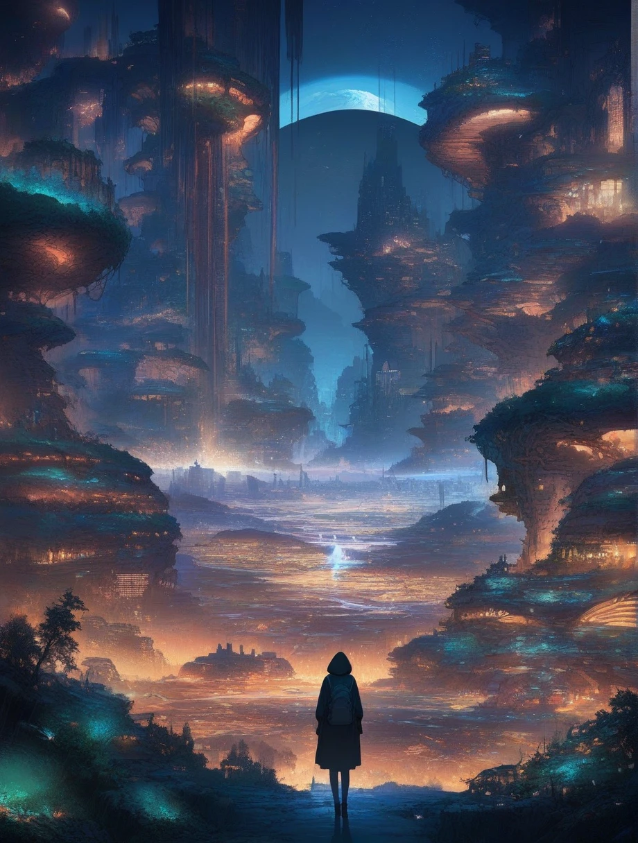 score_9, score_8_up, score_7_up, score_anime, masterpiece, best quality, delicate illustration, sharp line, sharp focus, BREAK,Traveler girl wandering in the ruins of endless night, the girl is wearing a hood, a lot of baggage in her backpack.,Night, future city, fantastic landscape, beautiful scenery, harmony with nature, spectacular view, machine city,((dark))