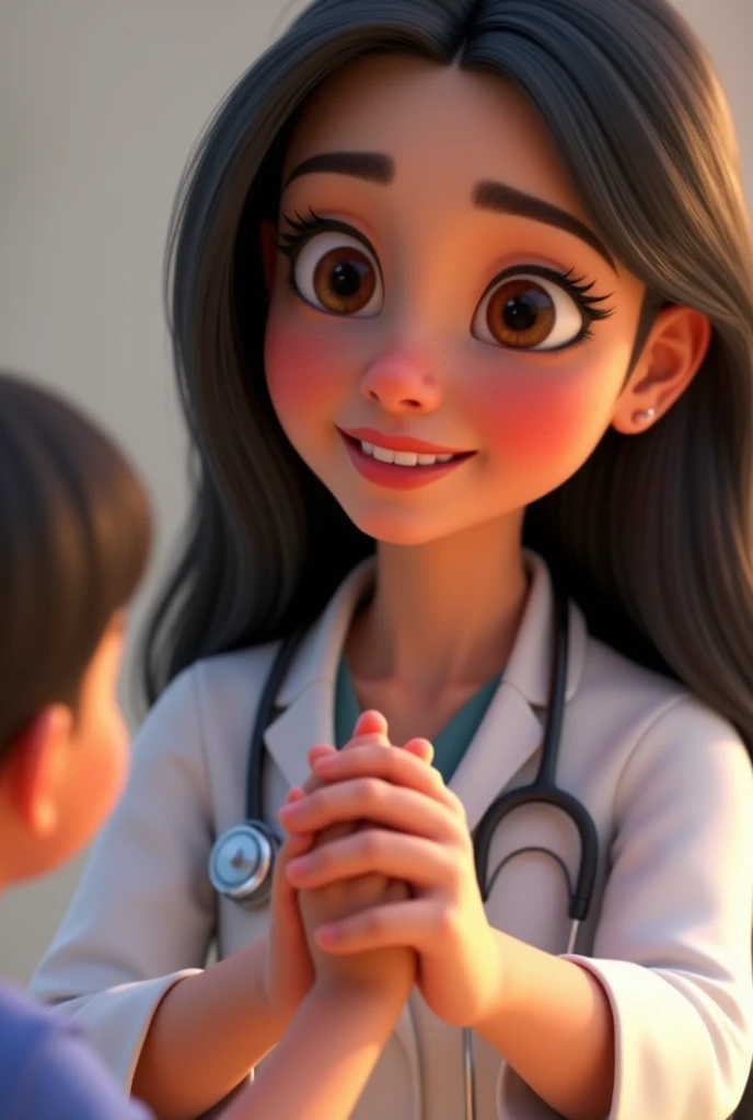 Layla Troft, a 20-year-old woman with fair skin, long straight black hair, with large brown eyes and arched eyebrows, which intensify her joy. She is wearing a white doctor's outfit, now with a serene and confident expression, wearing a stethoscope around her neck. Close-up: Layla Troft holding the hand of the child in front of her. The hands are firm and comforting, transmitting security and empathy. Disney Pixar 3D style.