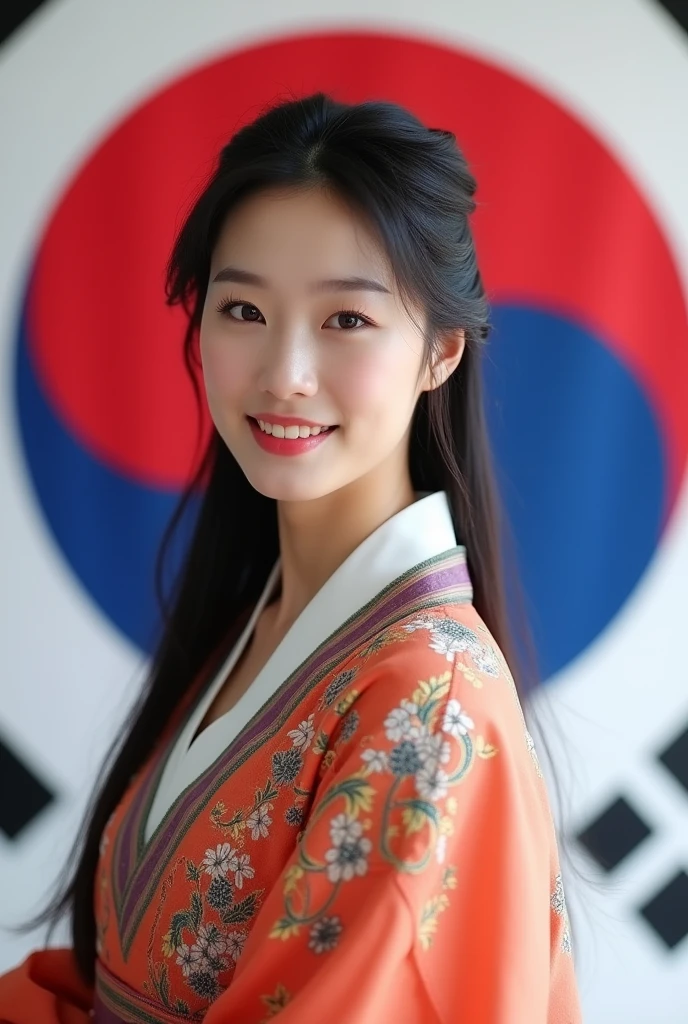A beautiful South Korean woman wearing a traditional Korean costume poses for a photo, smiling beautifully, against the background of the South Korean flag.